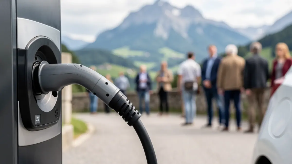 Close-up of an electric vehicle charging cable plugged into a charging station, with a blurred background of a scenic mountain landscape in Auvergne-Rhône-Alpes, soft daylight, documentary style.
