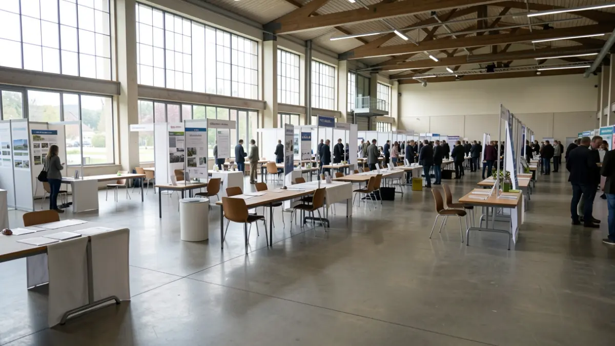 Image générique d'une salle d'événements aménagée pour un forum des métiers.