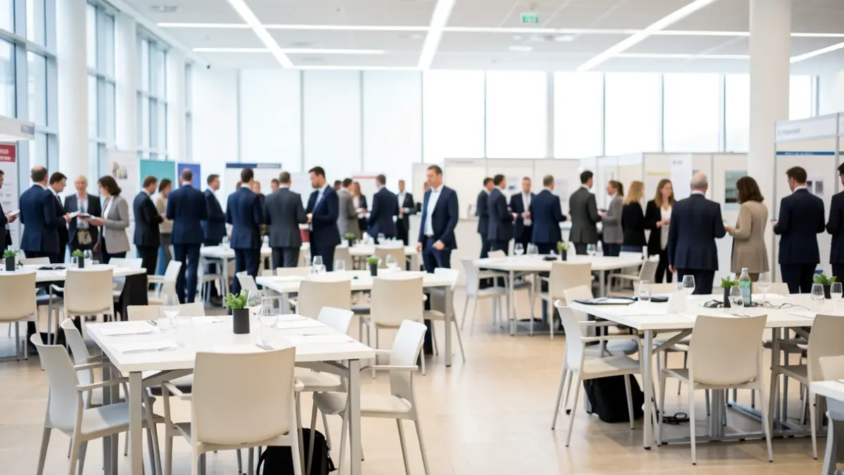 Generic image of a job fair with tables and attendees.