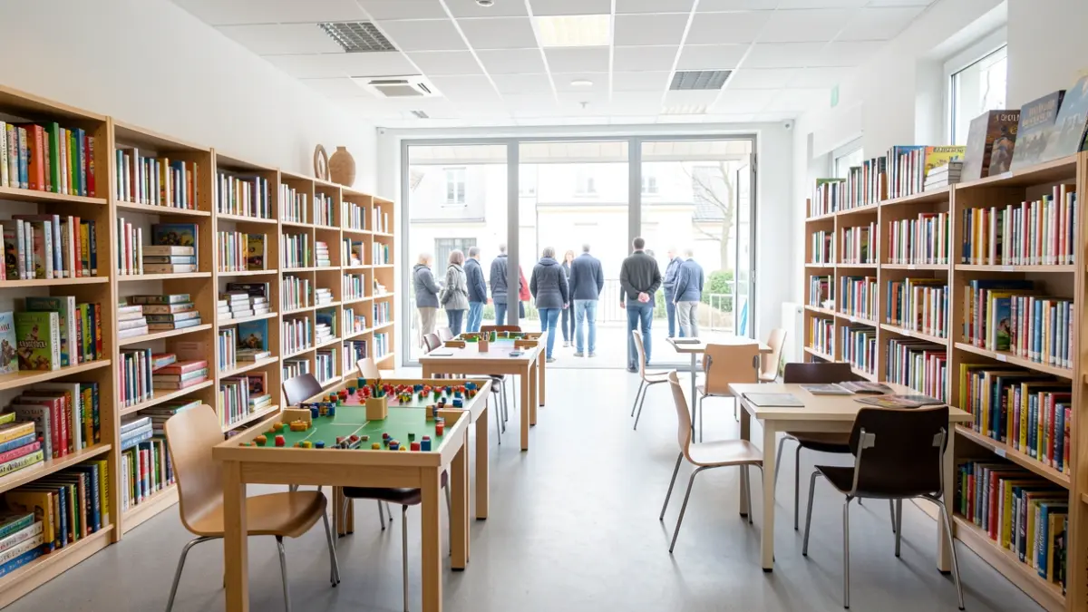 Interior of a modern game library with board games on shelves.