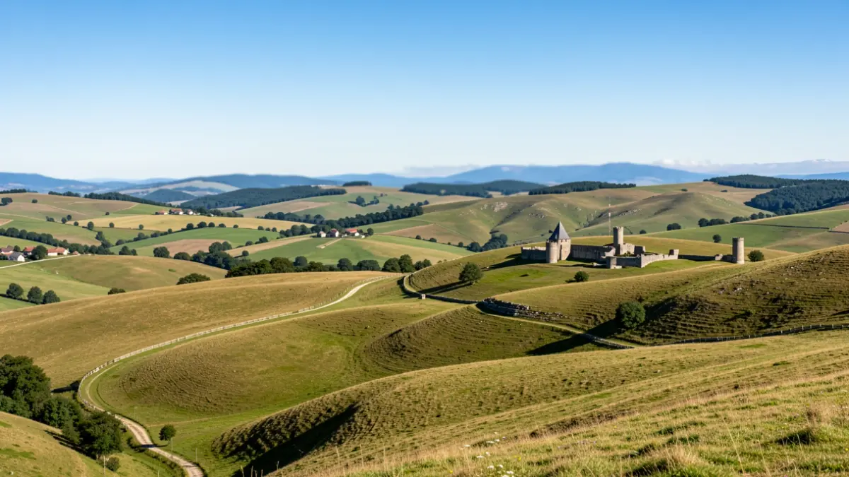 Landscape of the Gergovie plateau, a historical site in Auvergne-Rhône-Alpes.