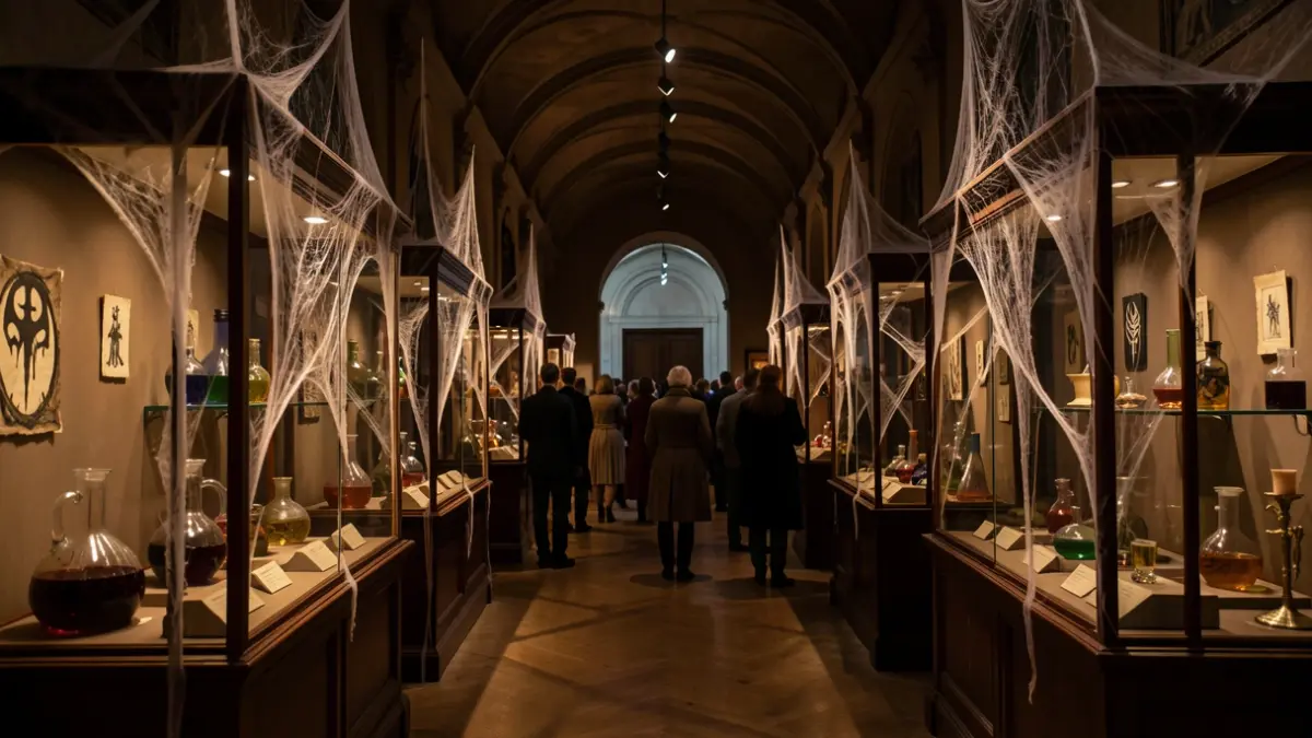Halloween atmosphere at the MuPop museum with themed decorations and a mysterious ambiance.