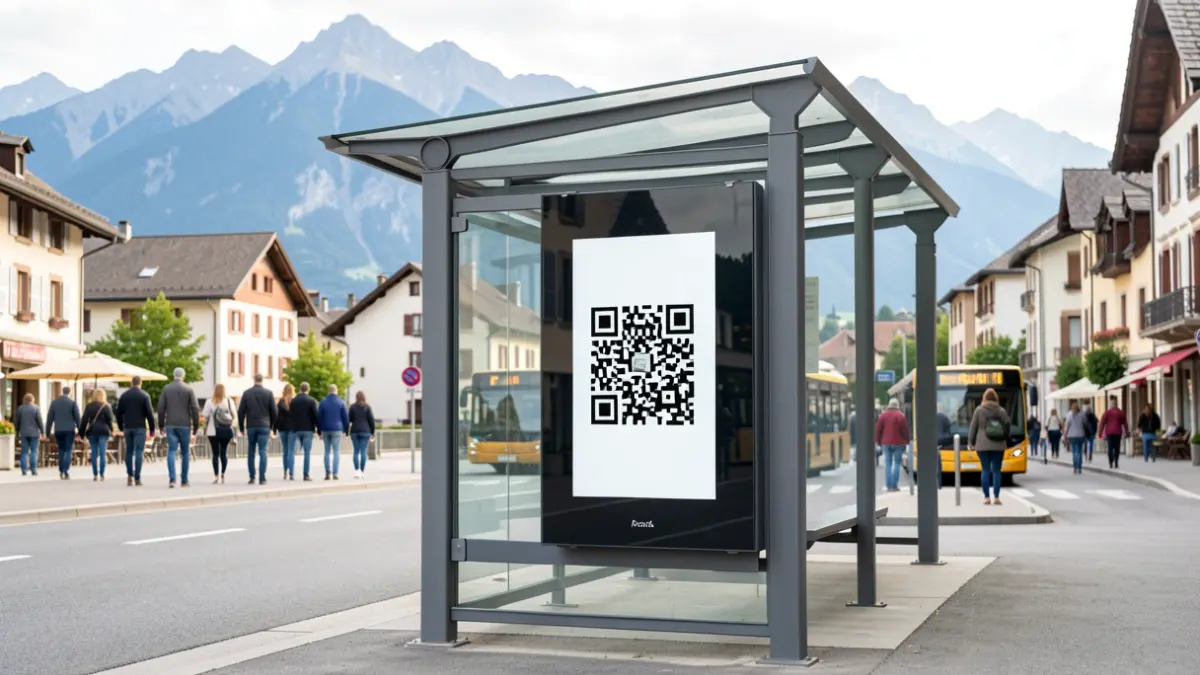 HéLéman carpooling stop with a QR code on a digital screen, in a Haute-Savoie landscape.