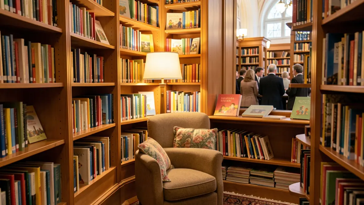 Image générique d'un coin lecture chaleureux dans une bibliothèque.