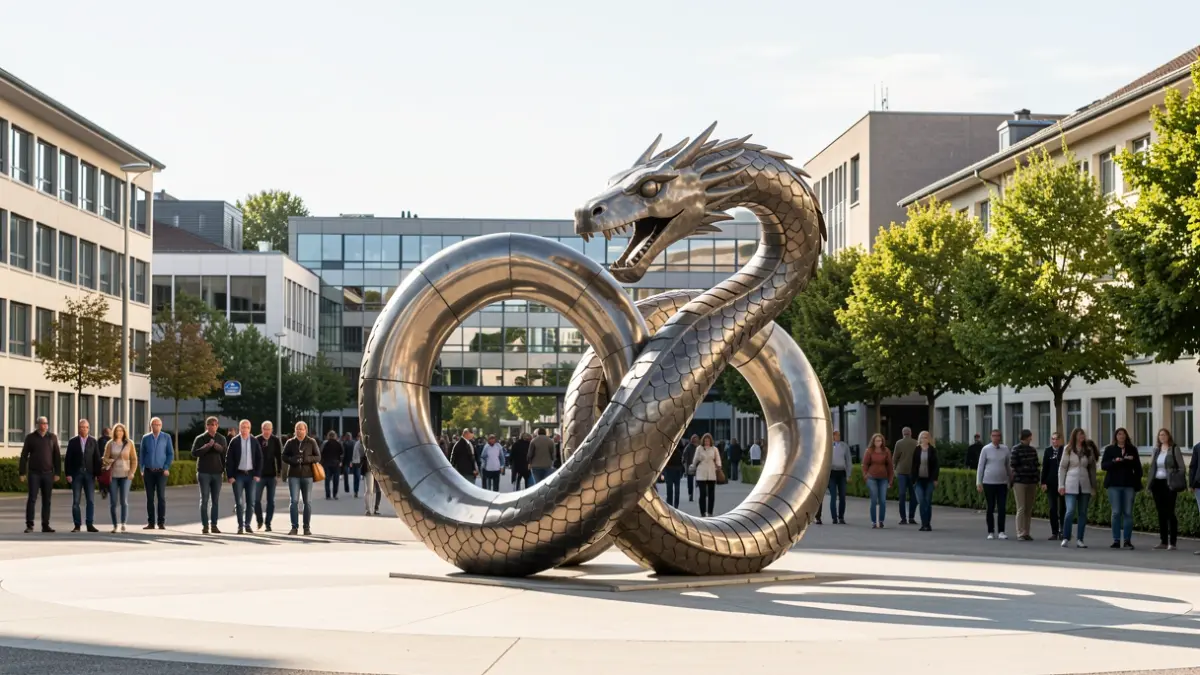 Sculpture monumentale "Le Dragon et le Serpent" sur le parvis du bâtiment MUSE à Saint-Martin-d'Hères.