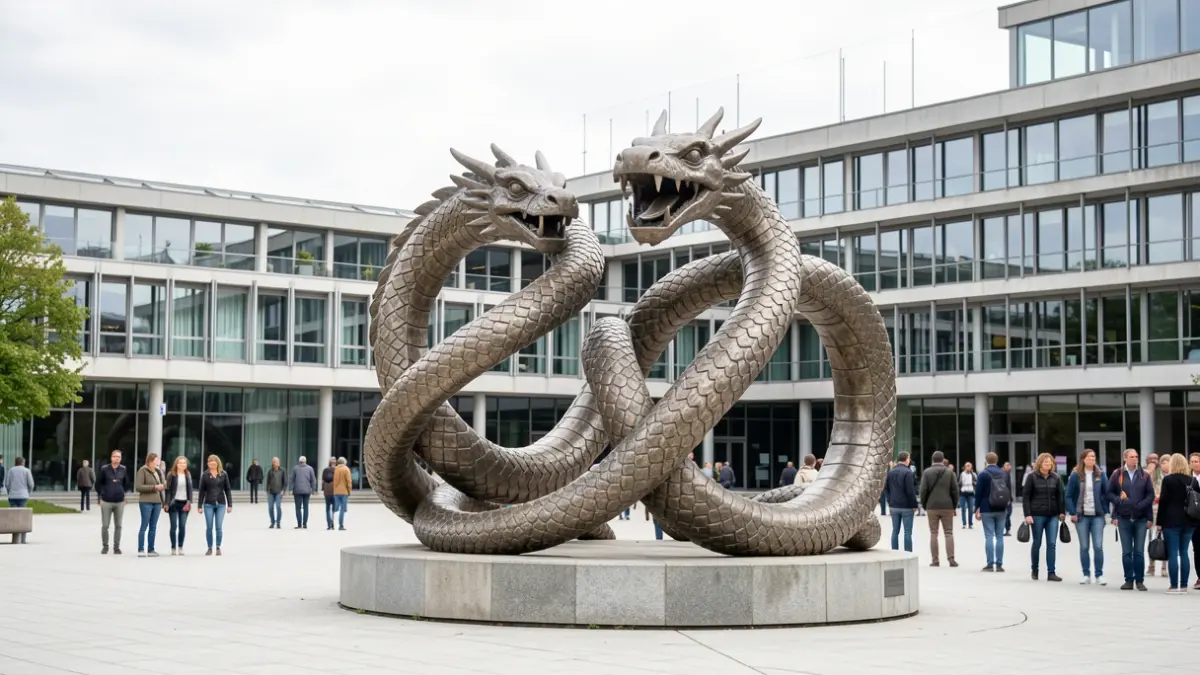 Sculpture monumentale "Le Dragon et le Serpent" sur le parvis du bâtiment MUSE à Saint-Martin-d'Hères.