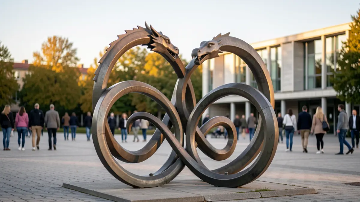Monumental sculptures 'The Dragon and the Serpent' on the MUSE building plaza in Saint-Martin-d'Hères.