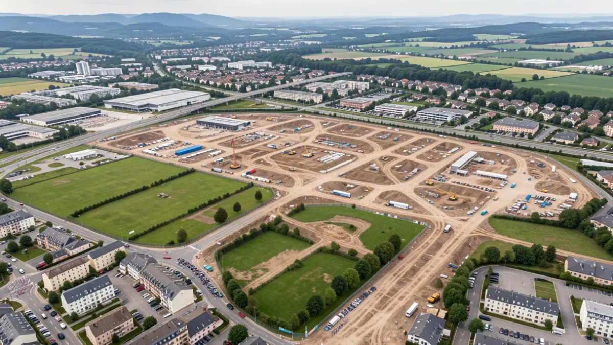 Vue aérienne d'un grand projet de développement urbain en cours de transformation.