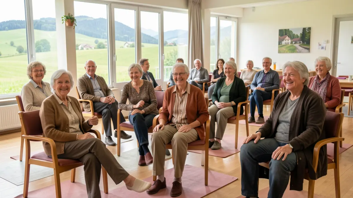 Seniors participant à une séance de gym douce sur chaise lors de la Journée Tiss'âge des liens en Ardèche.