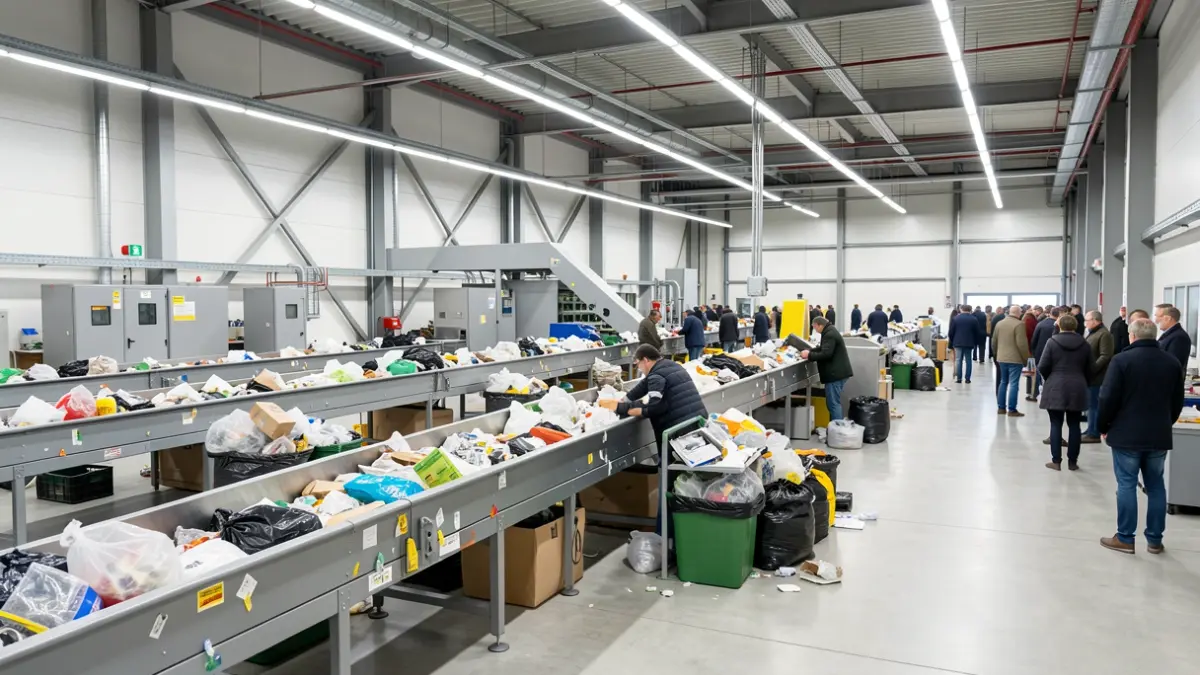 Modern waste sorting facility with conveyor belts and various types of waste.