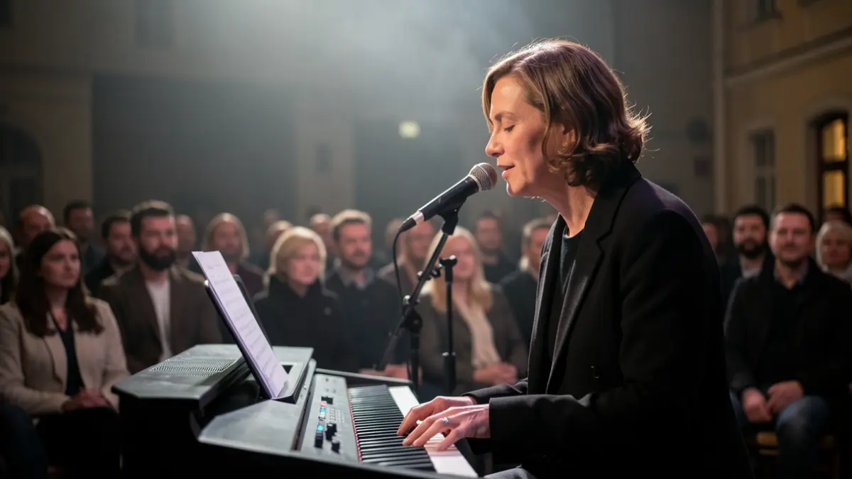 Image générique d'une chanteuse jouant du clavier sur scène, ambiance intime.