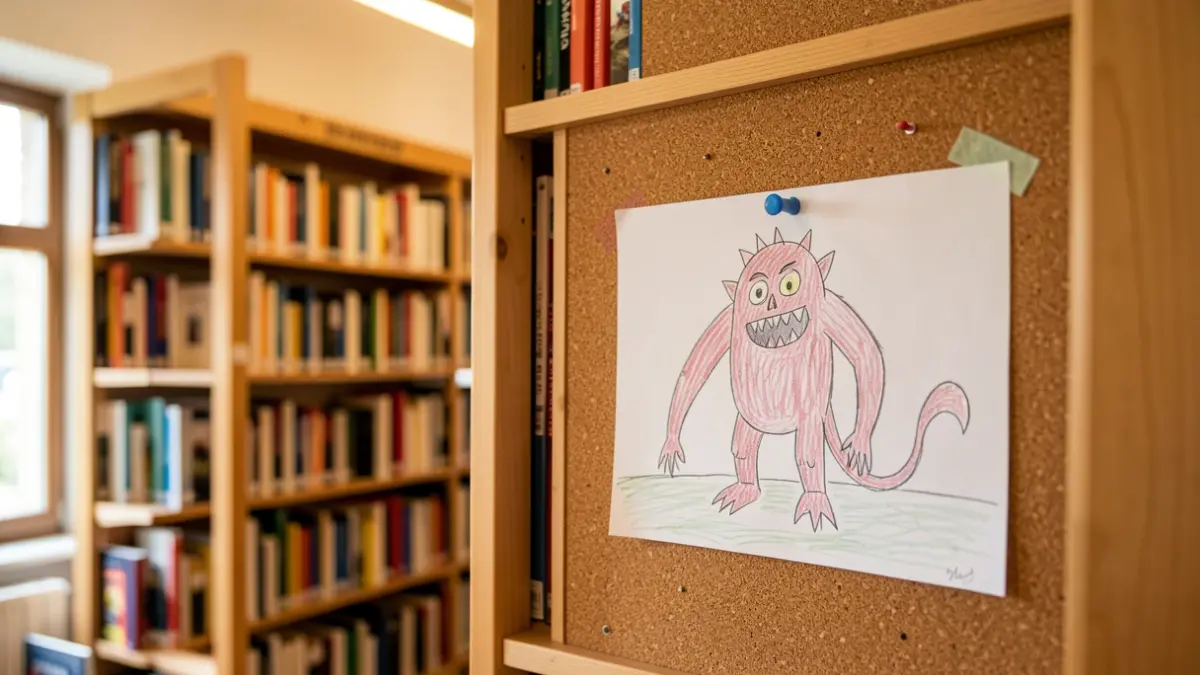 Intérieur d'une bibliothèque avec des livres et un dessin d'enfant.