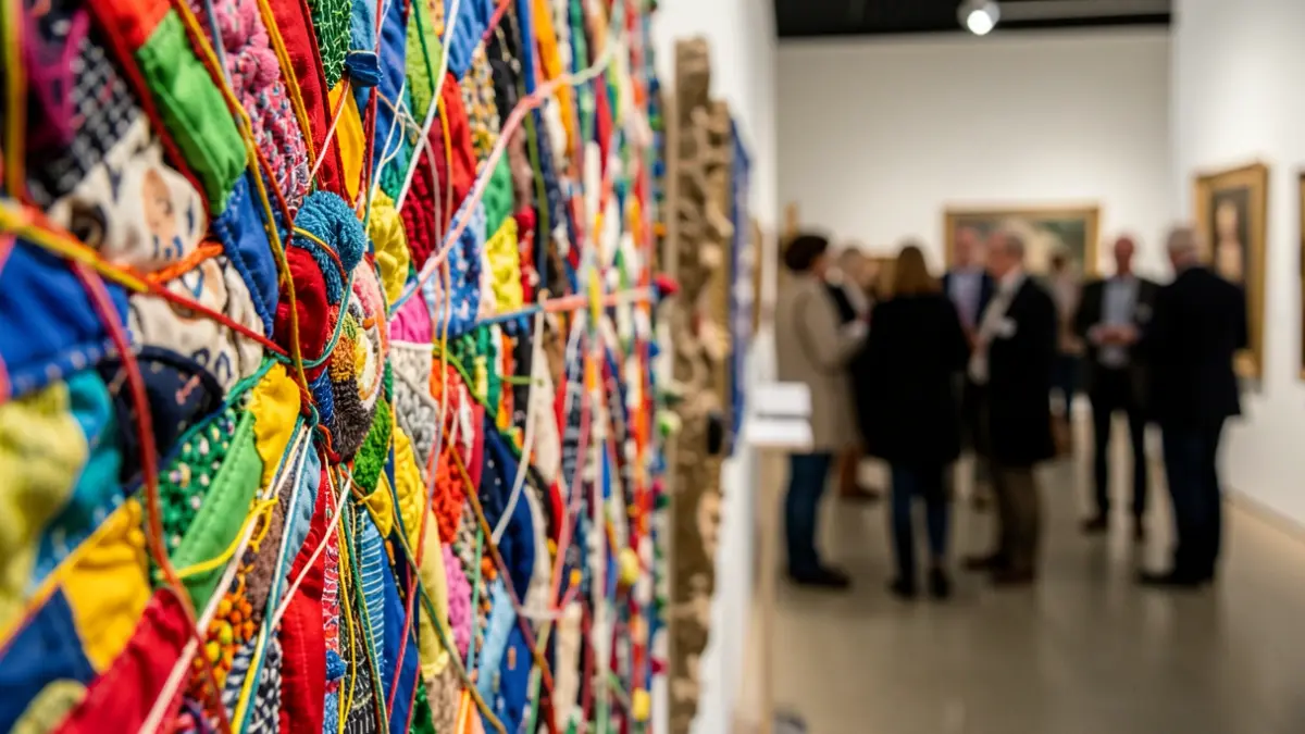 Generic image of a colorful textile artwork displayed in a museum.
