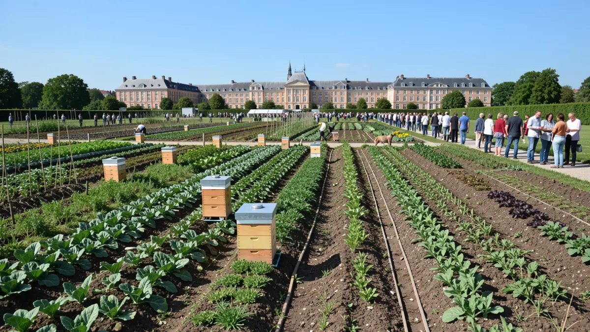 Generic image of organic farm fields with beehives.
