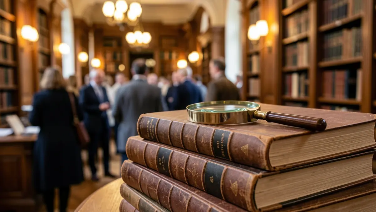 Gros plan d'une pile de livres avec une loupe posée dessus, sur fond flou d'intérieur de bibliothèque.
