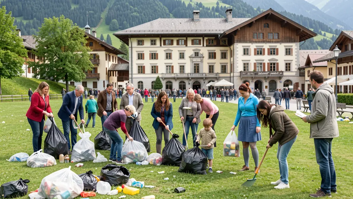 Generic image of citizens participating in a community cleanup in an alpine village.