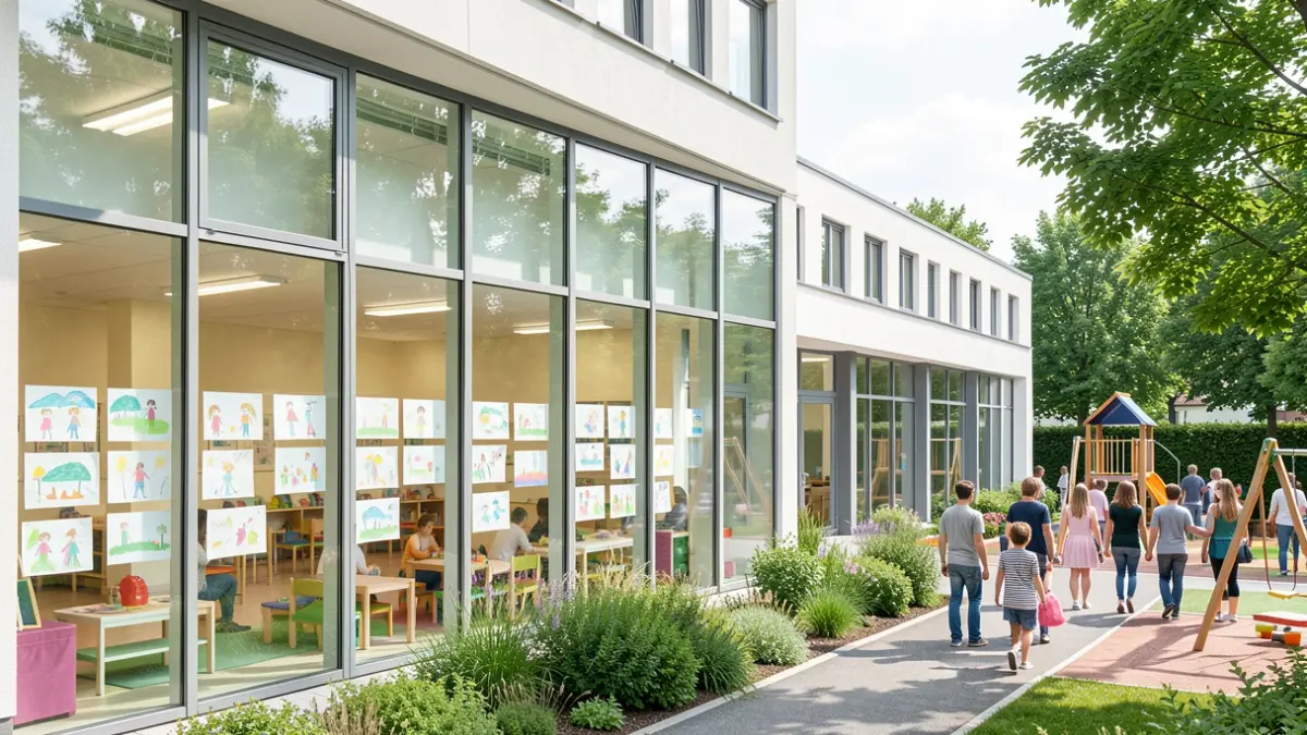 Generic image of a modern daycare center with children's drawings visible inside.