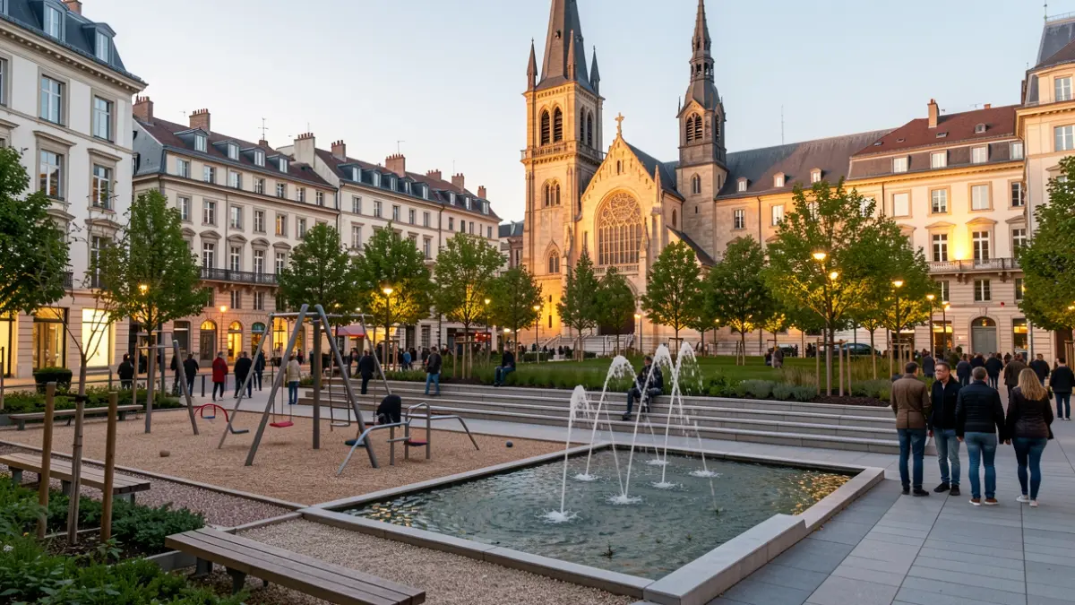 The renovated Edgar-Quinet square in Lyon, featuring new amenities and heritage enhancement.