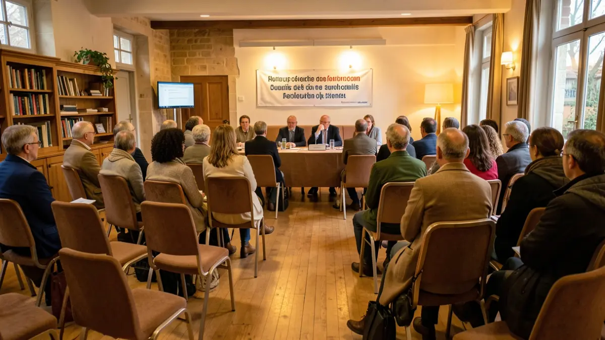 Community meeting room in Saint-Baldoph, France, with chairs arranged for a public meeting.