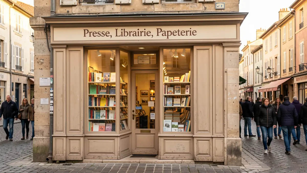 Vitrine d'un commerce de proximité proposant presse, librairie et papeterie à L'Arbresle.