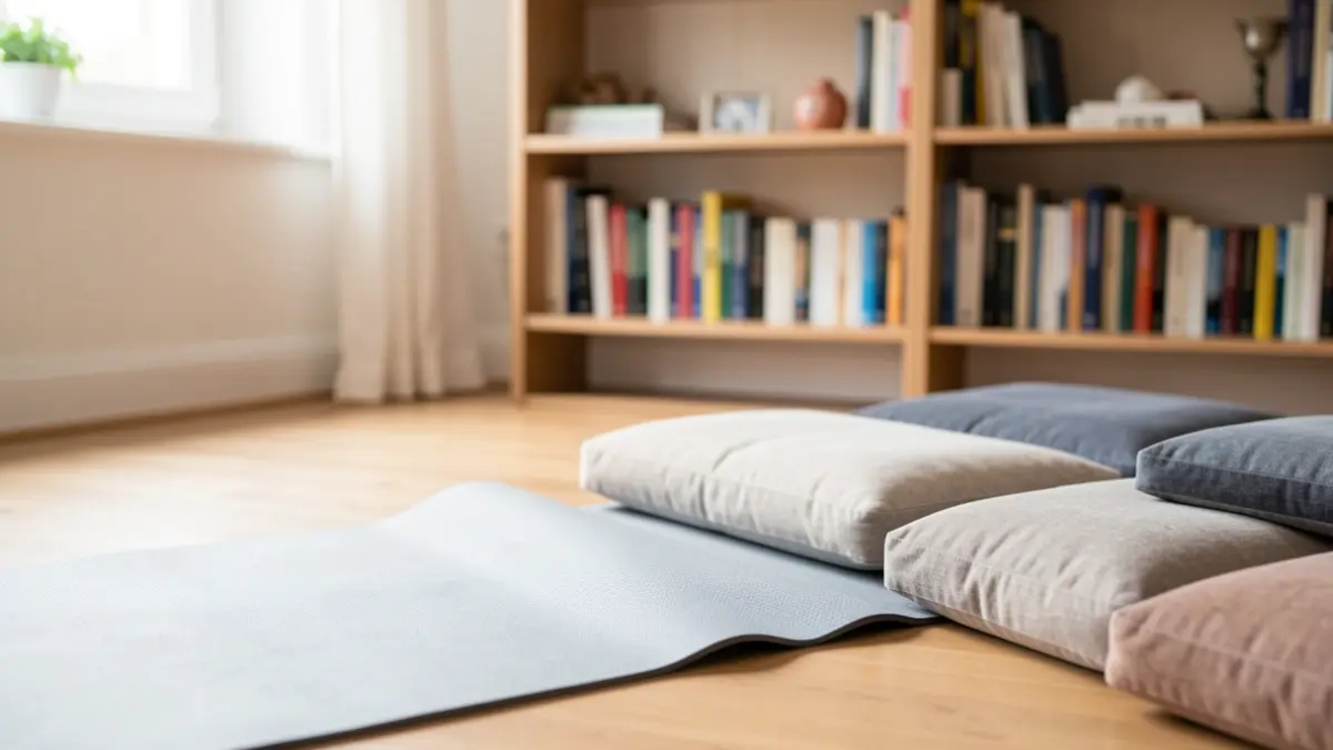 Calm interior space with a yoga mat, meditation cushions, and bookshelves in the background.