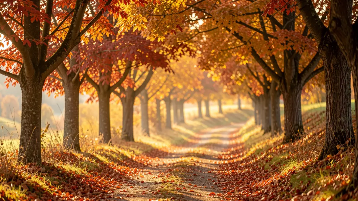 Autumn landscape in Isère with trees in vibrant colors and a path covered in fallen leaves.