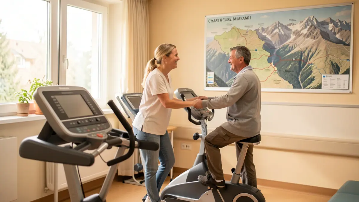 Patients using an ergometer in a rehabilitation room, with symbolic maps of the Chartreuse massif displayed on the wall.