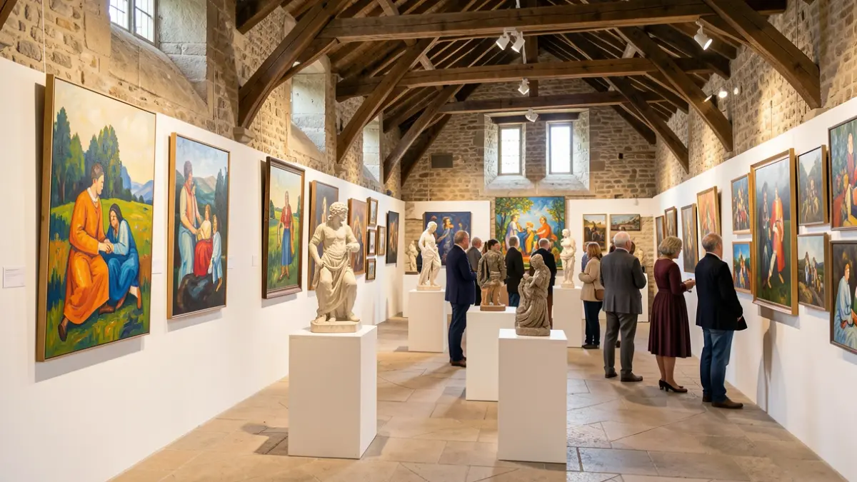 Generic image of an art exhibition in a rustic hall with diverse artworks.
