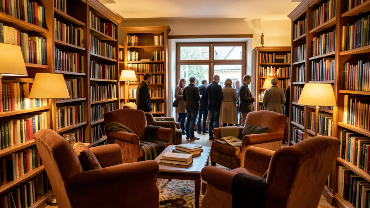 Interior of a cozy library reading room with shelves full of books and comfortable armchairs.
