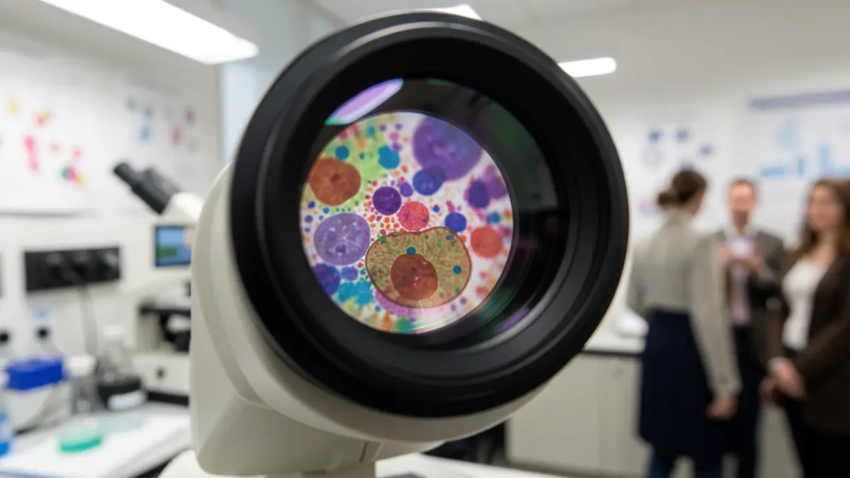 Close-up of a microscope lens with colorful biological samples visible inside, blurred background of laboratory equipment and scientific charts, soft, diffused lighting.