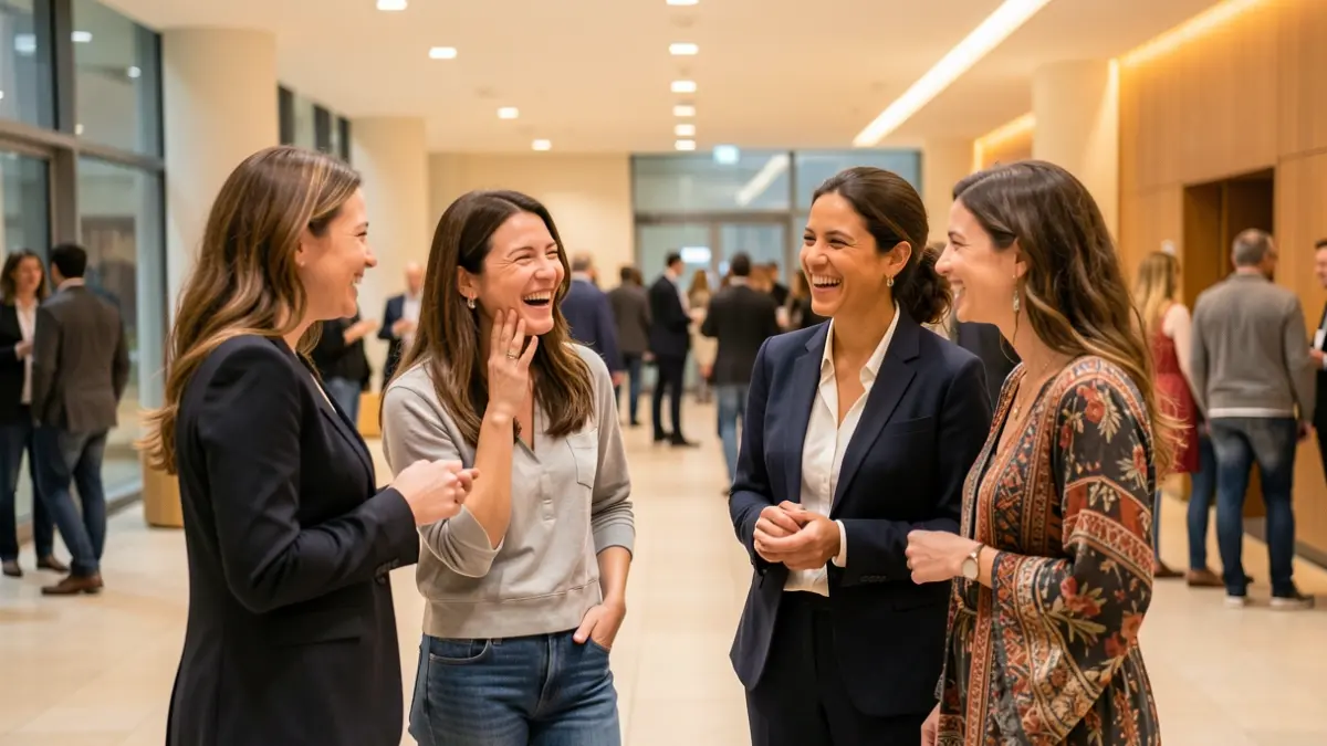 Generic image of four women from diverse backgrounds sharing a moment of laughter in a theater lobby.