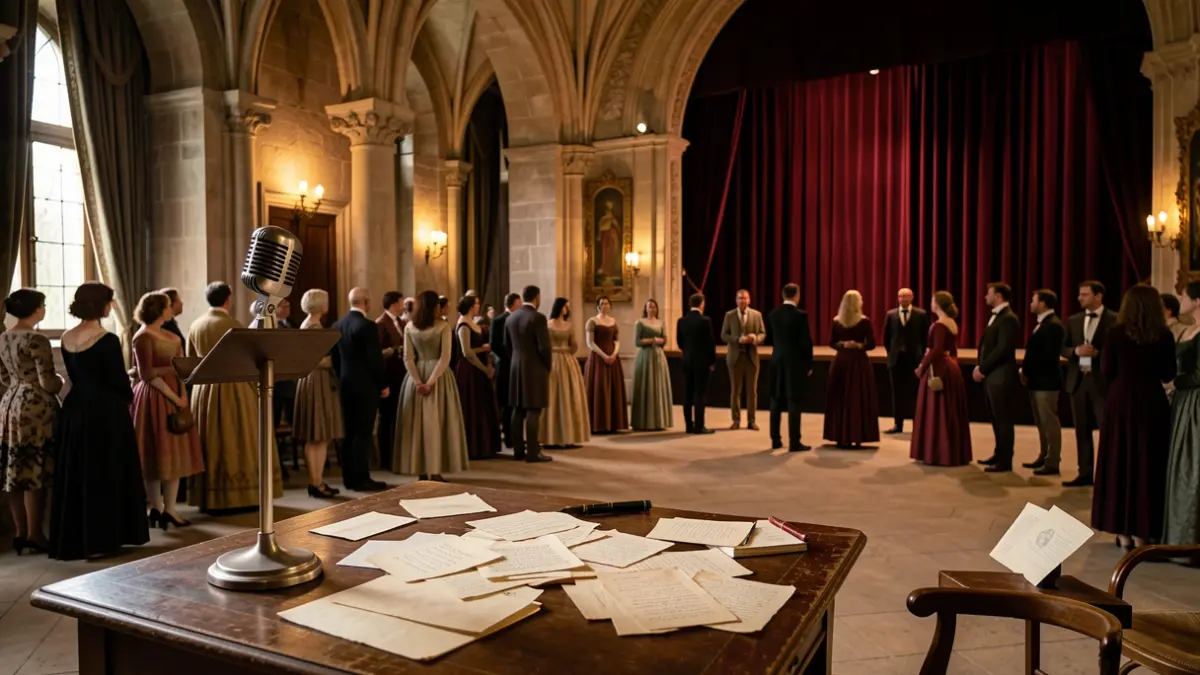 Scenography of a castle with literary and theatrical elements.