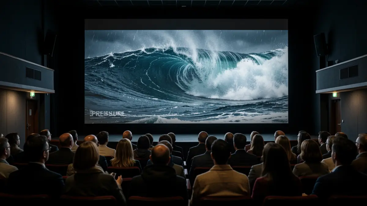 Cinema screen showing a stormy sea scene for the movie 'PRESSURE'.