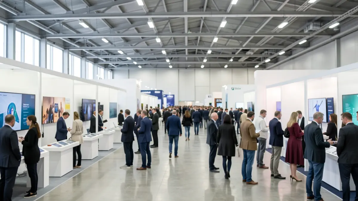 Interior of a large exhibition hall with numerous booths and interactive demonstrations.