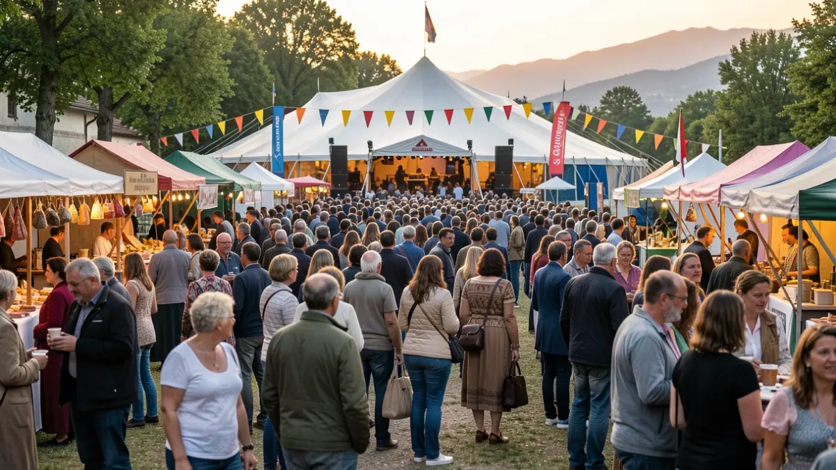 Outdoor festival scene in Albertville with a diverse crowd, stalls, and a stage in the background, under late afternoon light.