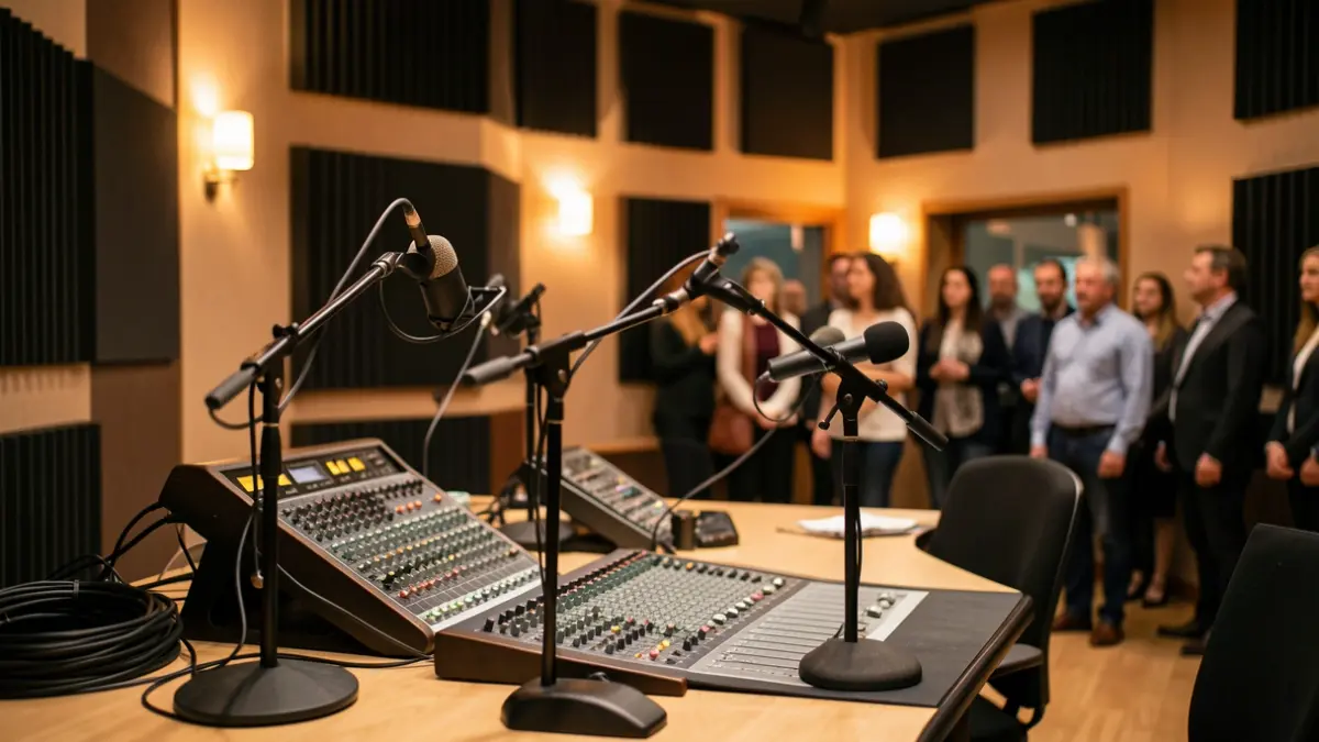 Generic image of an empty radio studio with microphones.