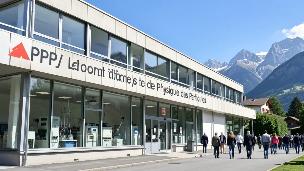 Exterior view of the LAPP building in Annecy, France, with the Alps in the background.