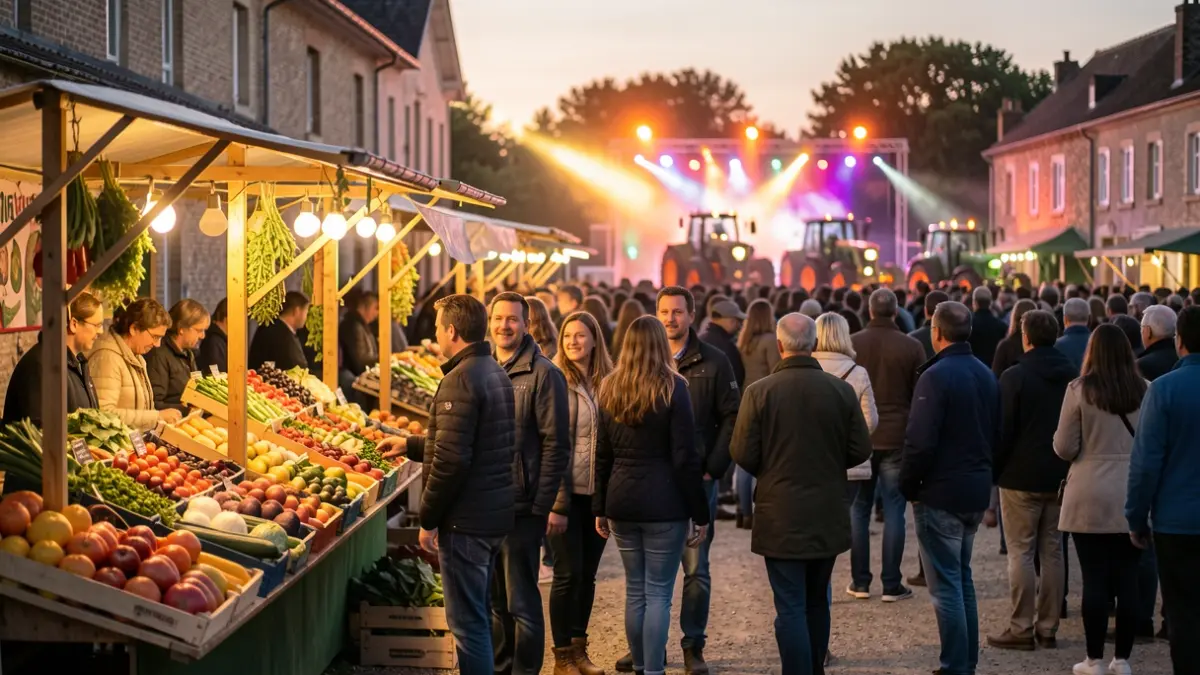 Image festive célébrant les 60 ans du lycée agricole avec marché, concerts et tracteurs illuminés.