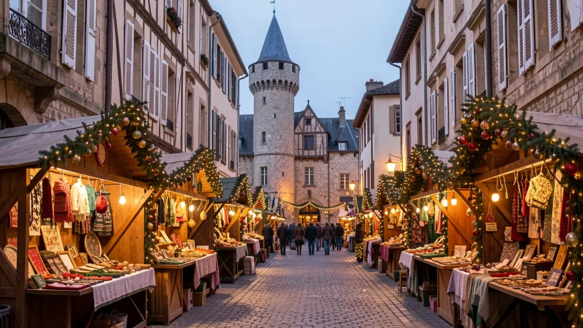Medieval Christmas market in Thiers, France, with artisanal stalls and festive lights.