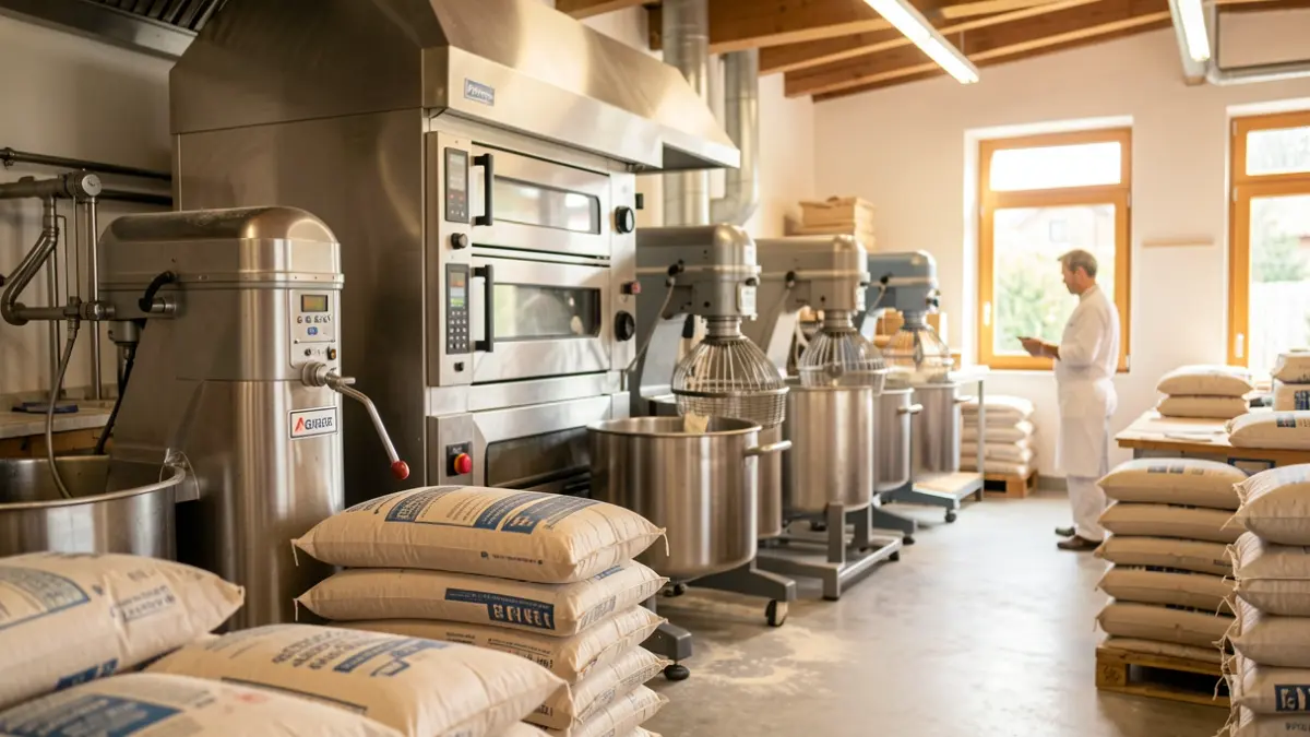 Interior of a modern bakery workshop in Auvergne-Rhône-Alpes, with large stainless steel mixers and ovens, sacks of flour stacked neatly, and a baker in white uniform visible in the background, warm natural light.