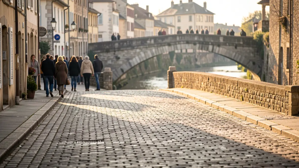Generic image of a street and bridge in a French town.