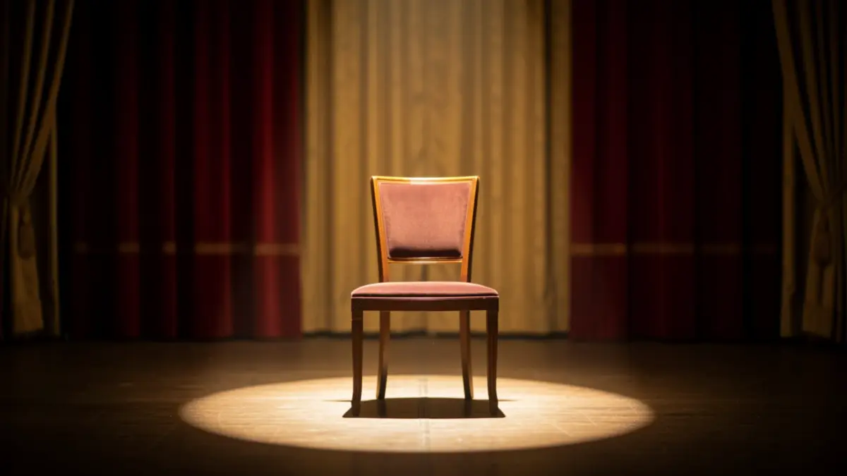 Image générique de scène de théâtre vide avec un fauteuil éclairé par un projecteur.