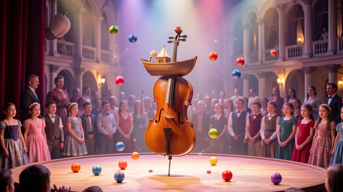 Scène de spectacle poétique avec un violoncelle transformé en bateau et des éléments de jonglerie.
