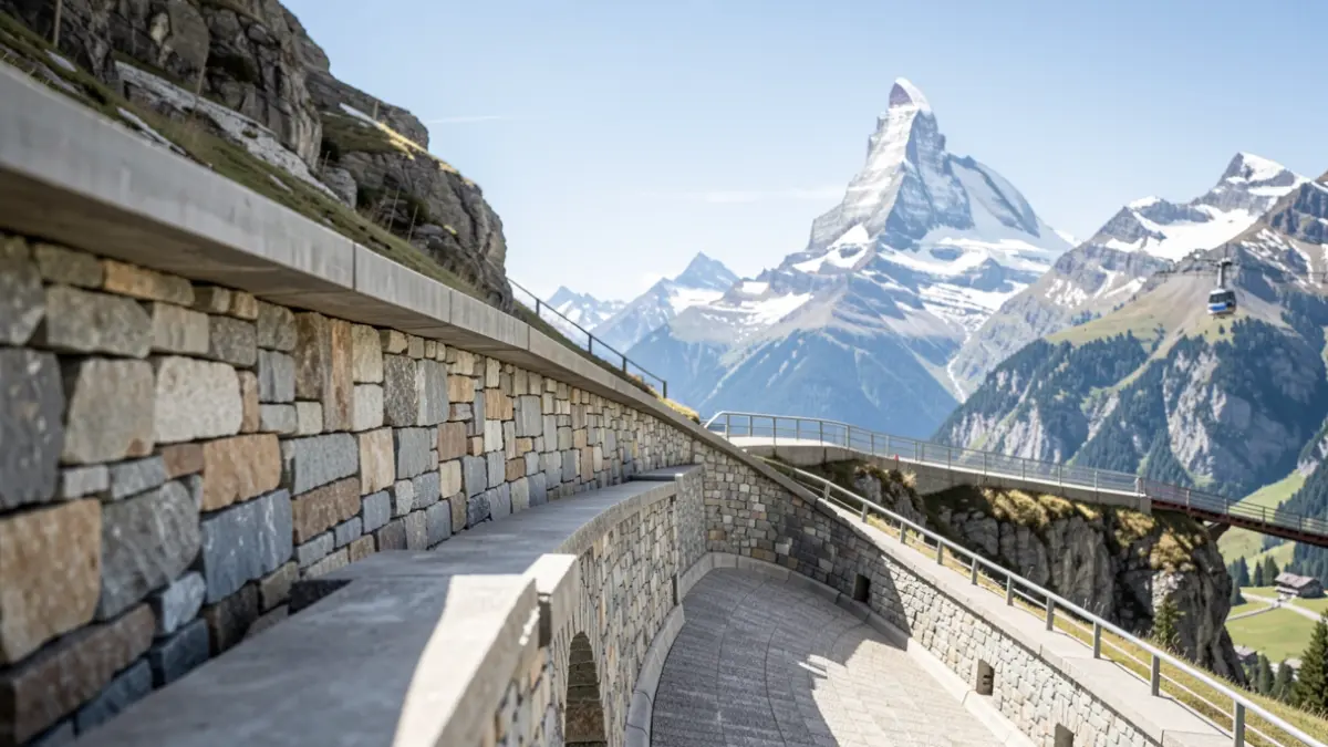 View of the former Chamonix-Mont-Blanc bobsleigh track, built with dry stone masonry, with the Aiguille du Midi funicular in the background.