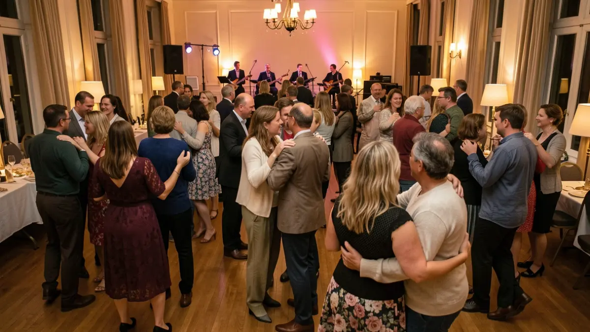 Lively dance hall with couples dancing, convivial atmosphere.