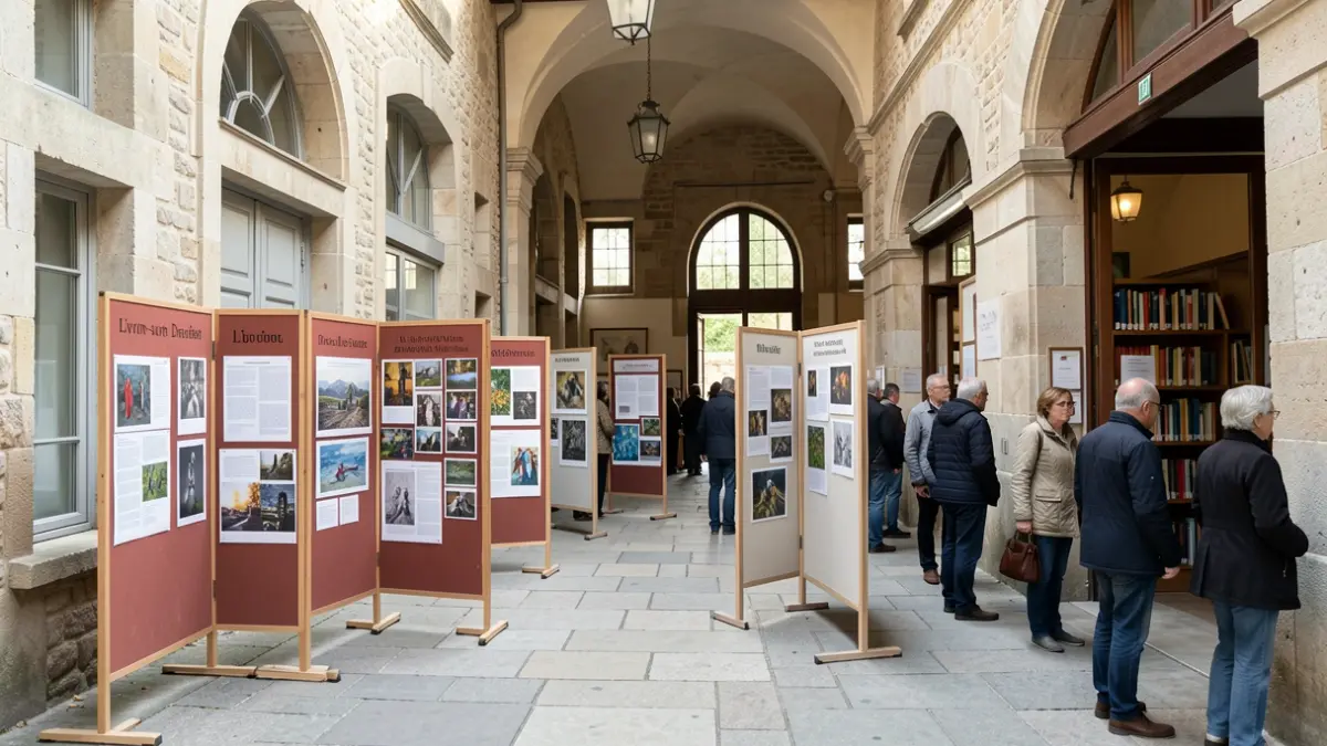 Hall d'entrée de la médiathèque de Livron-sur-Drôme présentant l'exposition 'L'Effet papillon'.