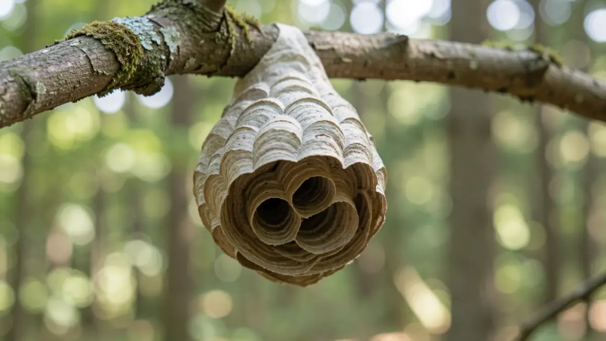 Asian hornet nest hanging from a tree branch.