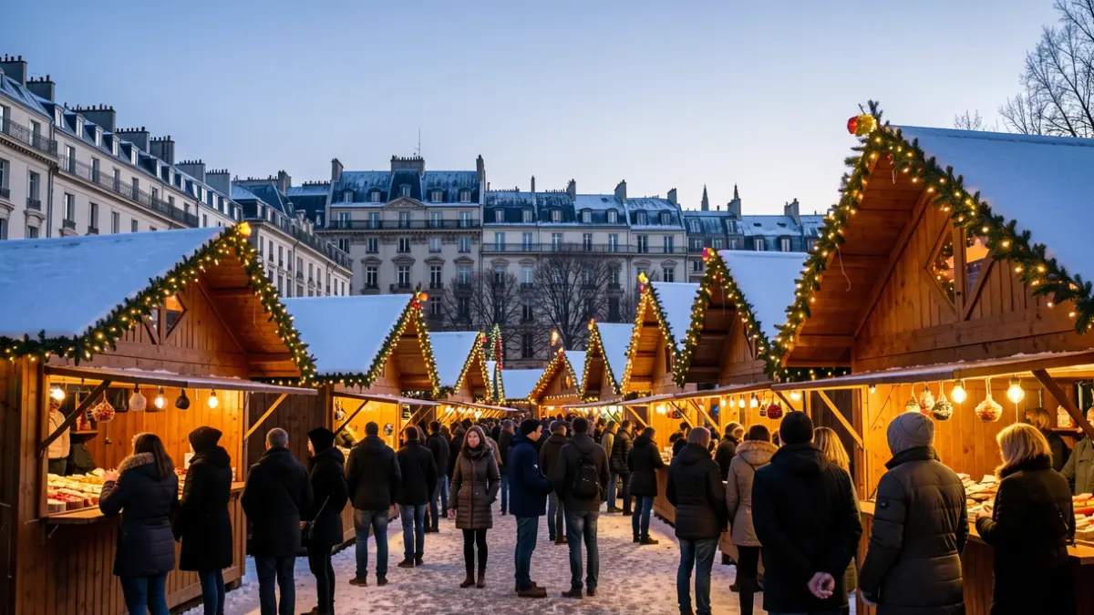Lyon's Christmas market on Place Carnot, featuring illuminated chalets and a festive atmosphere.