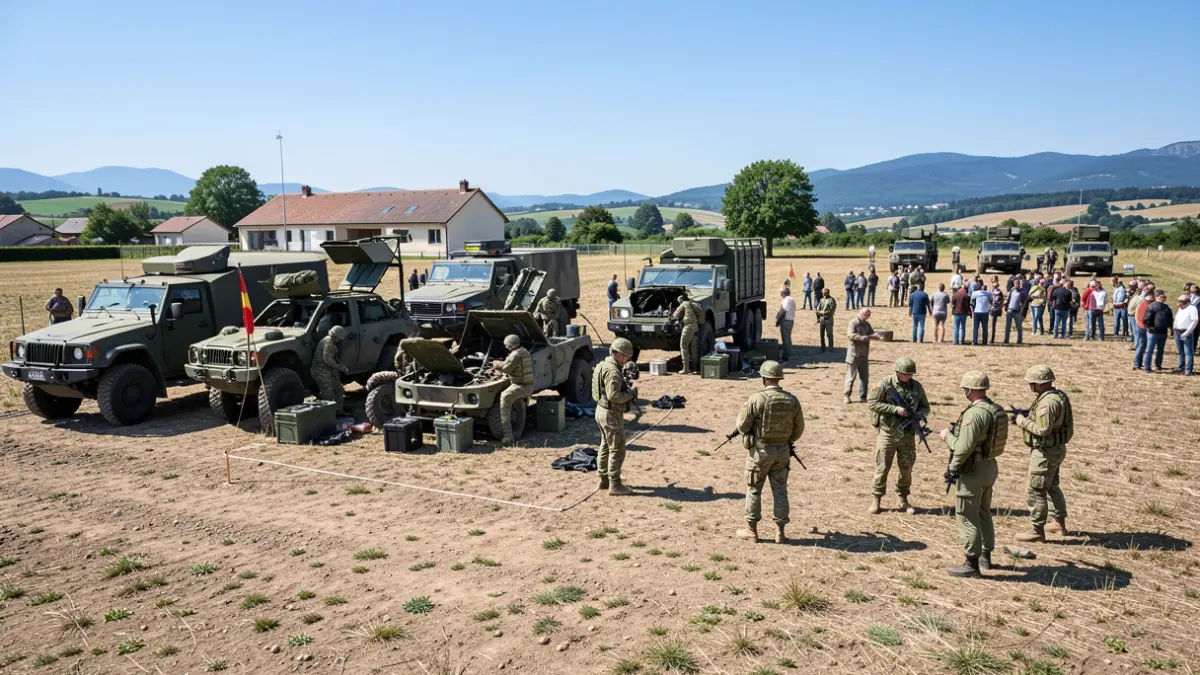 Generic image of a military maneuver with soldiers working on vehicles in a field.
