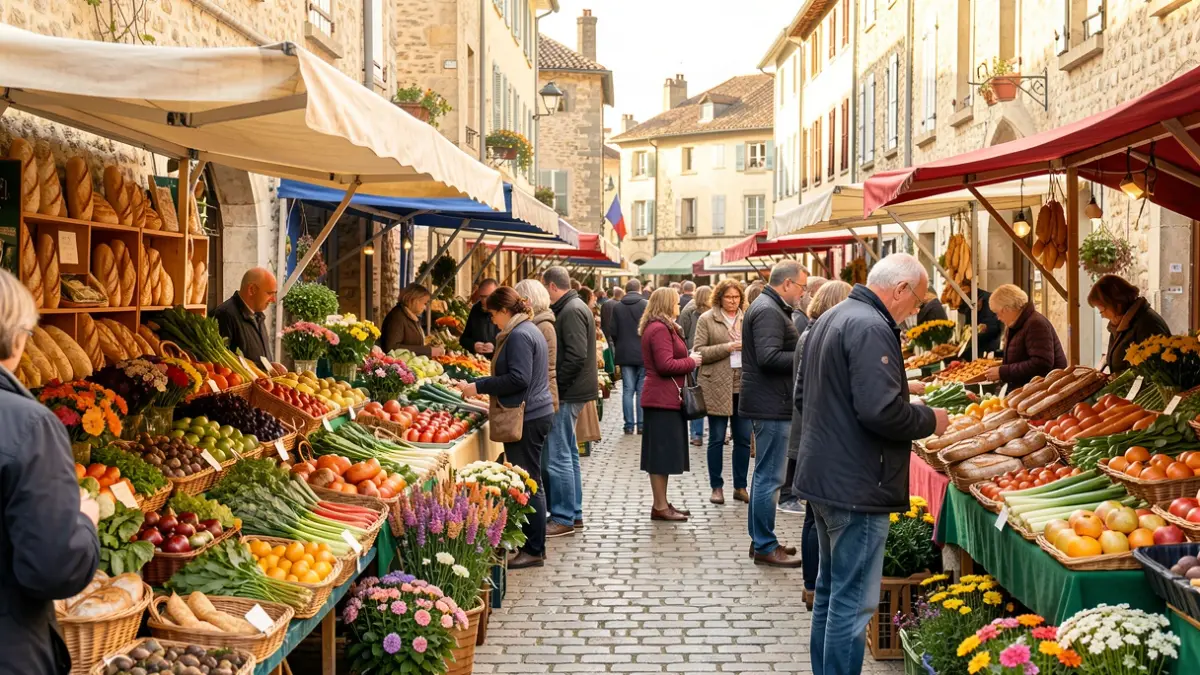 Marché hebdomadaire animé dans un village français avec des étals colorés et des habitants.